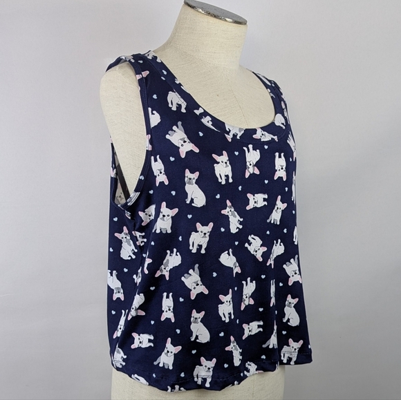 Pillow Talk Frenchies Hearts Print PJ Set Tank Top Crop Pants Navy White L NWT - Picture 7 of 11